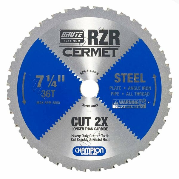 Brute Platinum 7-1/4in Brute RZR Cermet Tipped Circular Saw Blades for Steel, 36 Teeth, 20mm Arbor CHA RZR-714-36-S